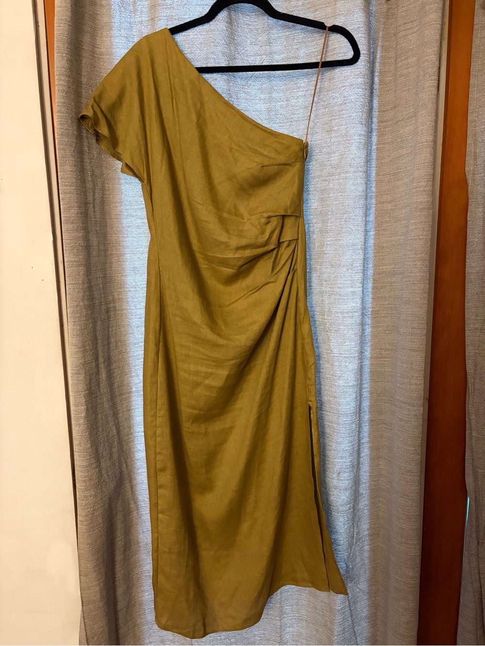 Mango One-Shoulder Olive Linen Dress with Side Drape